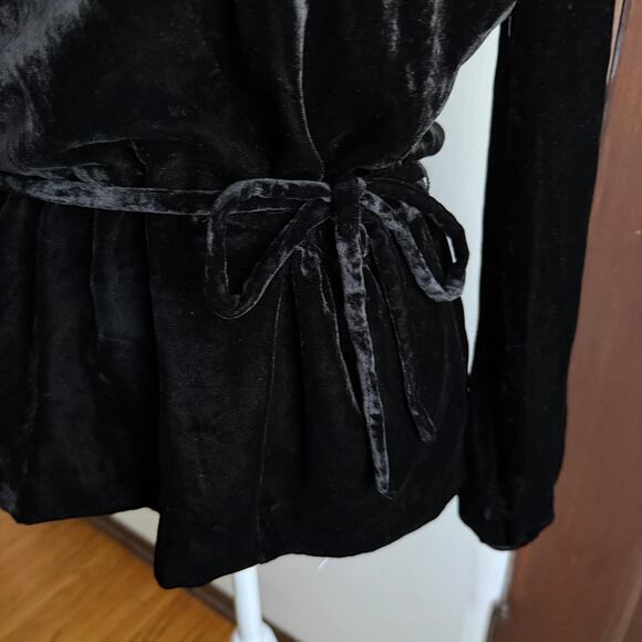 J.CREW | Black Velvet Faux Wrap Tie Waist V Neck Top Blouson Sleeves | Size 8 - Picture 5 of 8